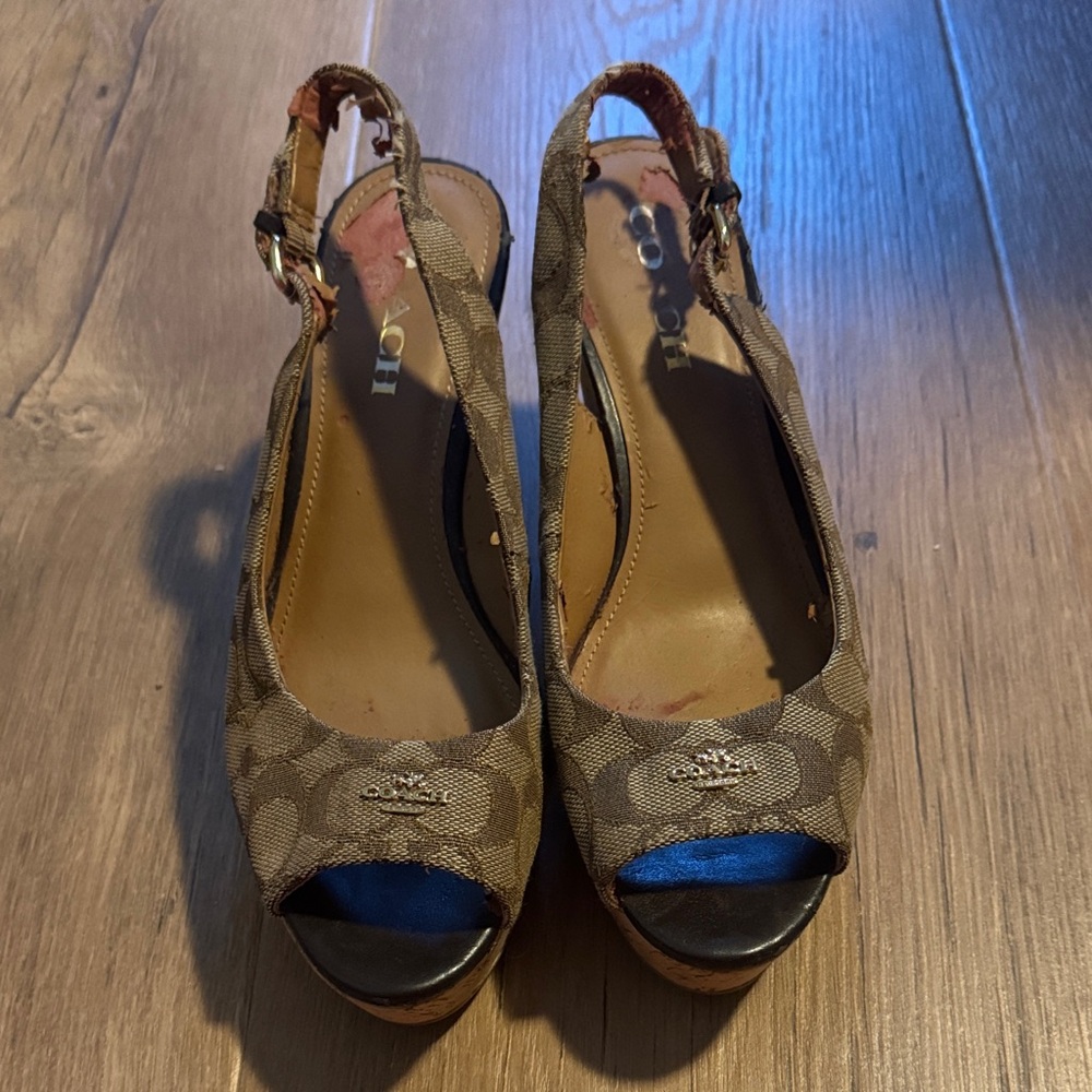 Coach Tan Peep Toe Slingback Wedges